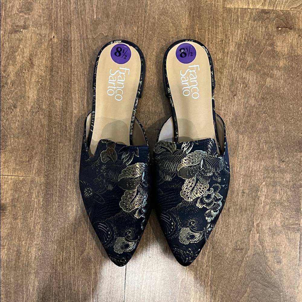 Franco Sarto Black and Gold Floral Mules